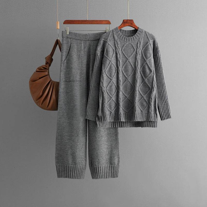 Plus Size Women's Clothing Cable-knit Pullover Sweater Suit - Mubimart