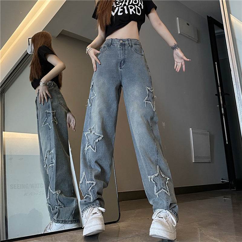Blue XINGX Embroidered Jeans Women Loose Straight-leg Wide-leg Pants - Mubimart