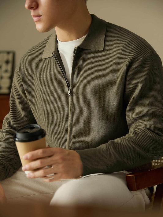 Wool Blended Men's Cardigan Zip Sweater - Mubimart