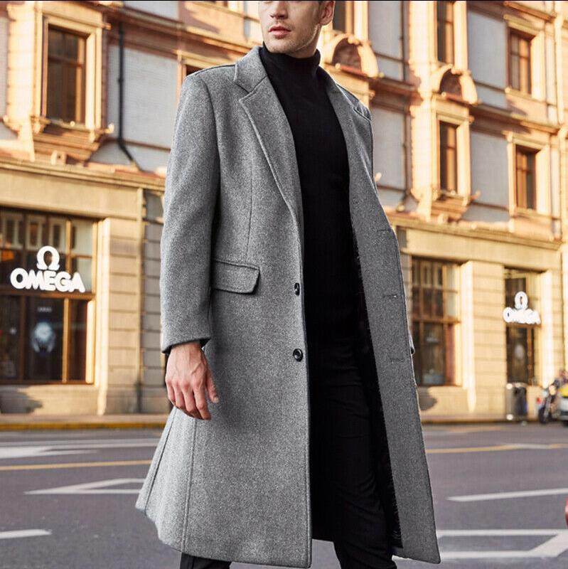British Men's Long Trench Coat Woolen Coat - Mubimart