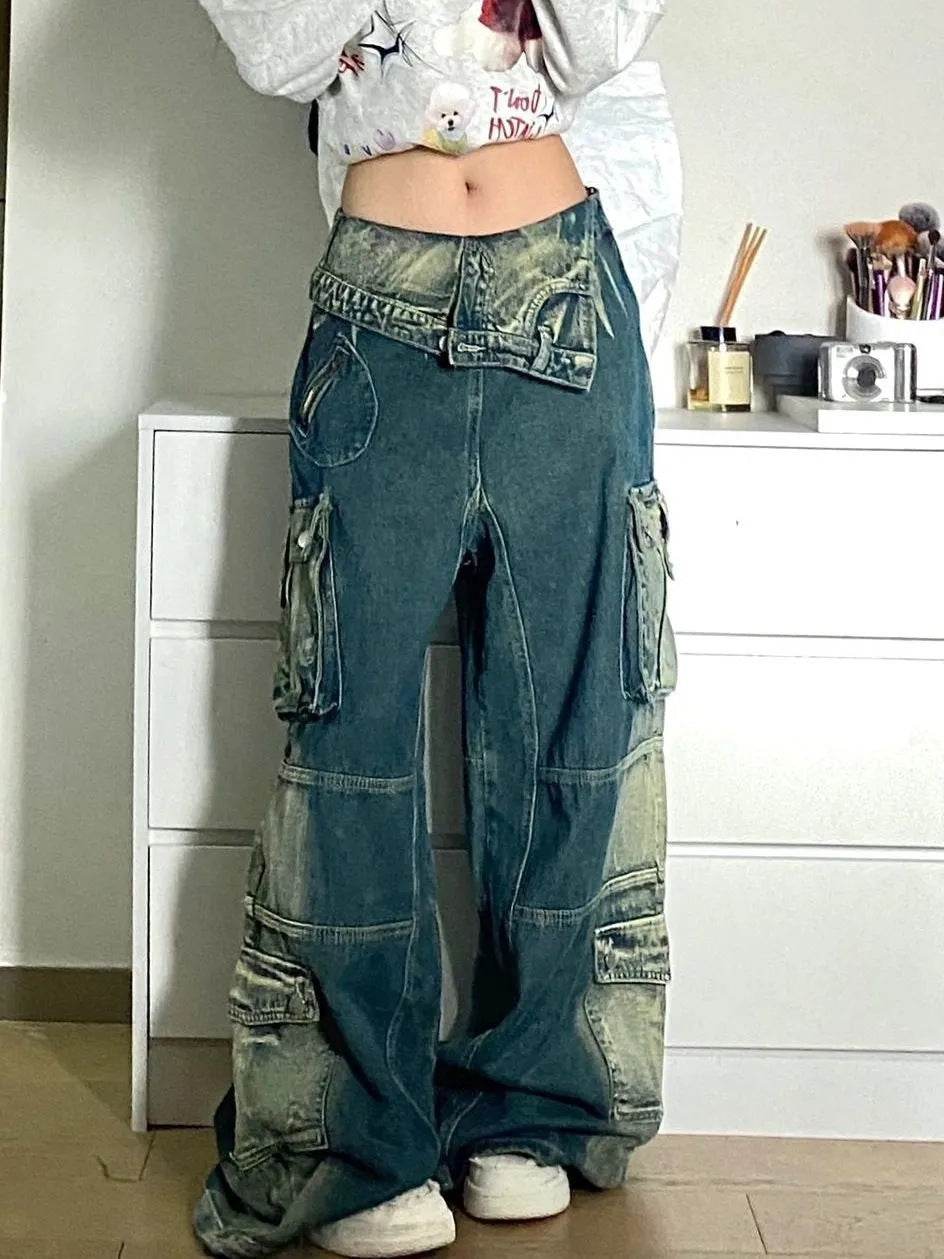 Plus Size Retro Washed Cargo Jeans Women - Mubimart