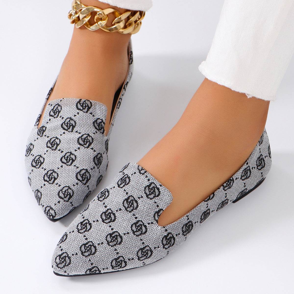 Rose Print Flats Shoes Fashion Casual Pointed Toe Canvas Loafers Lazy Shoes For Women - Mubimart