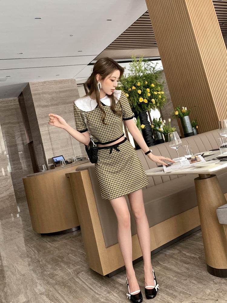 Doll Collar Plaid Crop Top Women High Waist Skirt - Mubimart