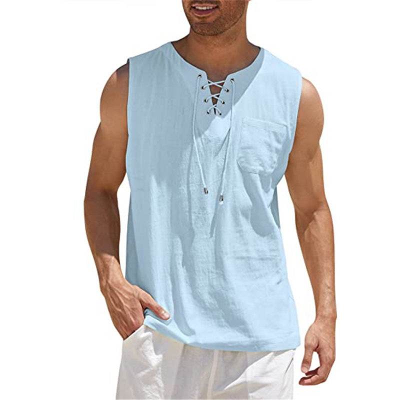 Summer Tank Vest Men Shirt Collar Tie Short Sleeve T-Shirt - Mubimart