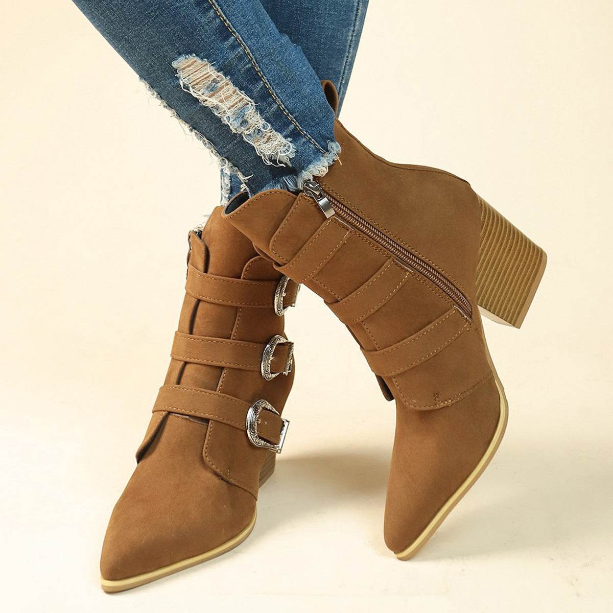 Chunky Heel Pointed Toe Boots With Belt Buckle Design Retro Mid-calf Boot Fashion Fall Winter Shoes For Women - Mubimart