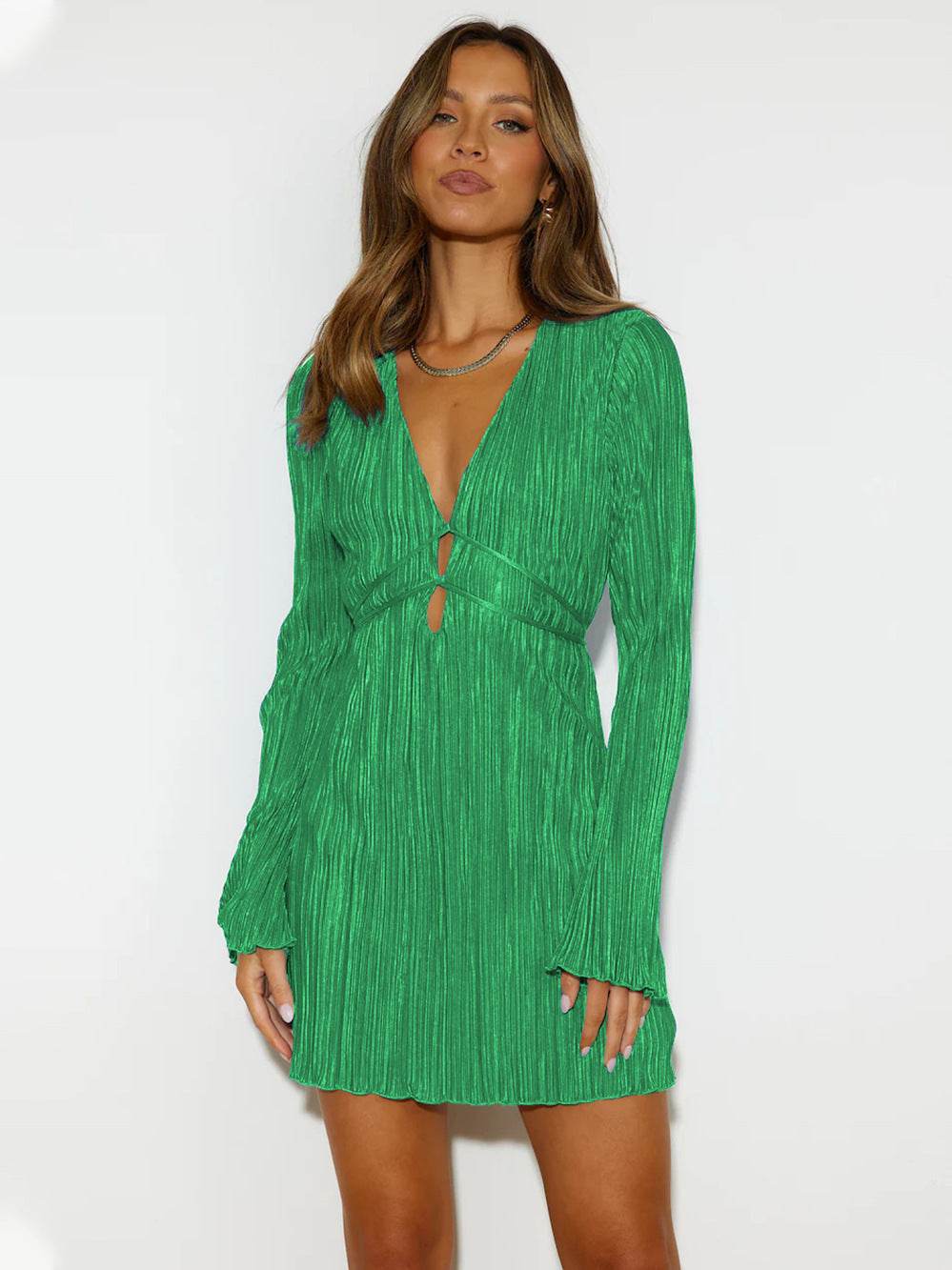 Slim Lace-up V-neck Trumpet Sleeve Dress Temperament Glitter Dresses Fashion Skirt For Womens Clothing - Mubimart