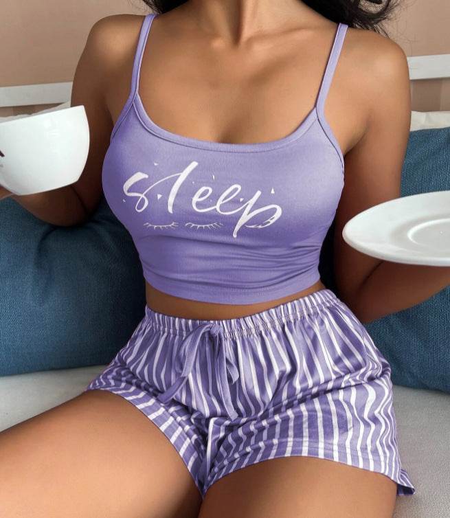 Striped Print Bouquet Waist Pajama Suit - Mubimart