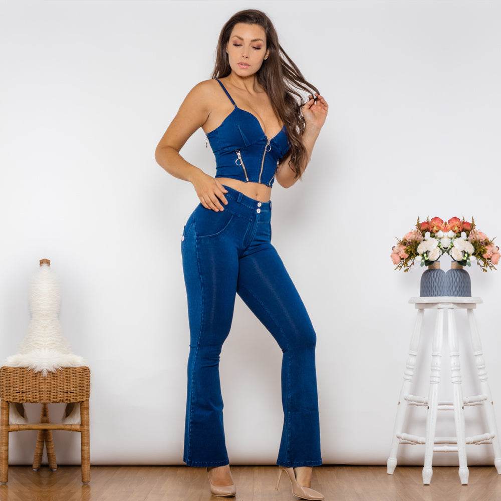 Shascullfites Shaper Set Dark Blue Bodysuit Zipper Push Up Top Middle Waist Flare Jeans Women Two Piece Clothes For Women - Mubimart