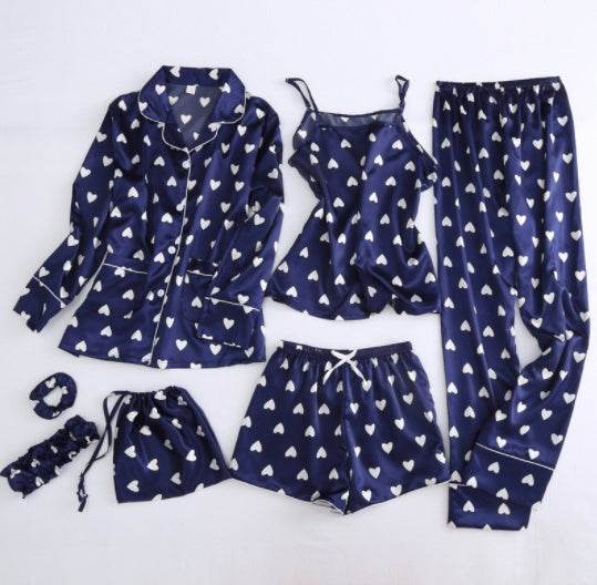 Simulated Silk Striped Seven-piece Loungewear - Mubimart