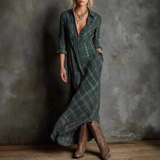 Casual Long Sleeve Lapel Plaid Long Dress