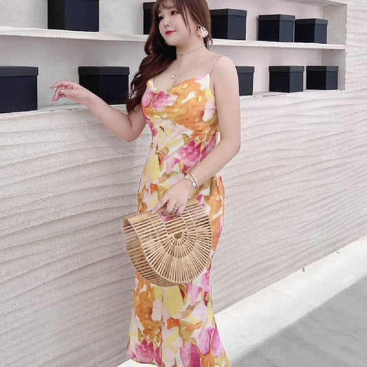 Printed Tulip Slant Collar Slip Dress - Mubimart