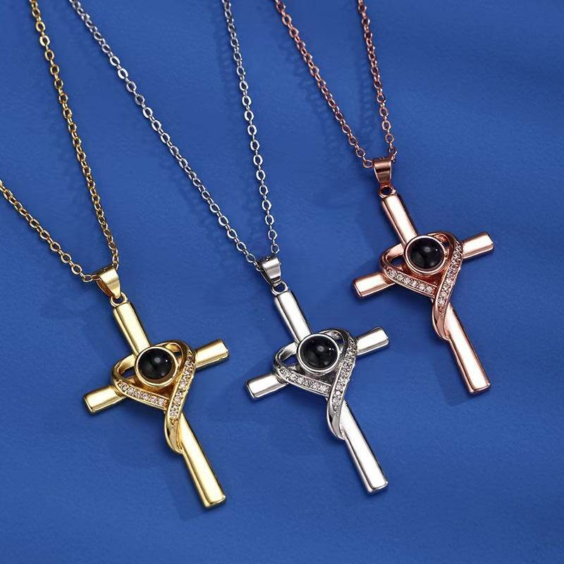 Languages I Love You Projection Necklace Pendant Love Cross Pendant Necklace Memorial Jewelry For Women - Mubimart