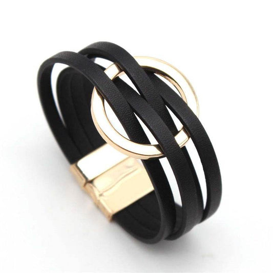 Cross Leather Women Bracelet Metal Big Ring Cuff Bangle Multi-layer Wristband Magnetic Snap Bangle - Mubimart