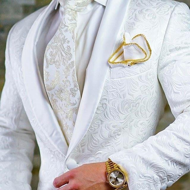 Aangepaste maat Jacquard Groomsmen Witte Bruidegom Smoking Sjaal