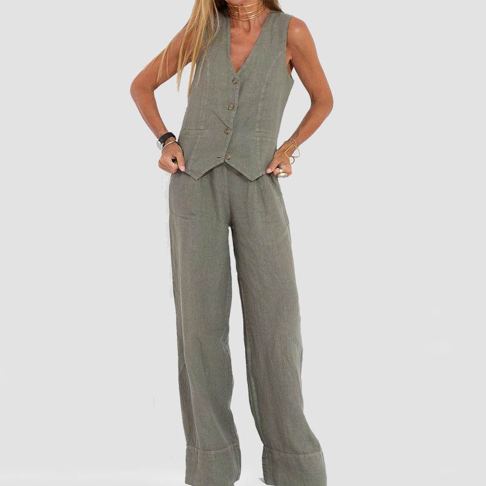 Summer Vest Suits V-neck Botton Sleeveless Top And Loose Straight Trousers Casual Womens Clothing - Mubimart
