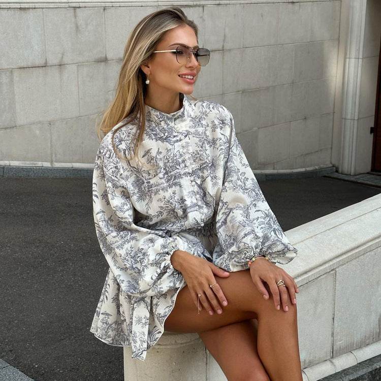 Ink Print Long Sleeve Short Dress With Fashion Puffy Sleeve Lapel Tie A-Line Dress Clothing - Mubimart