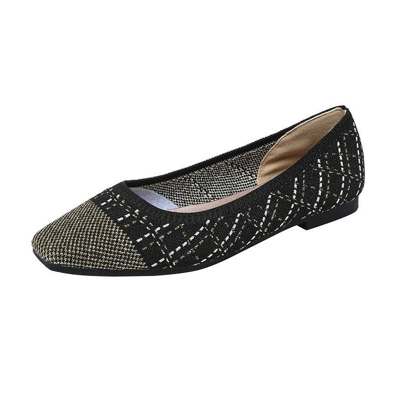 Gold Silk Color Matching Pointed Toe Shallow Mouth Square Toe Flat Shoes - Mubimart