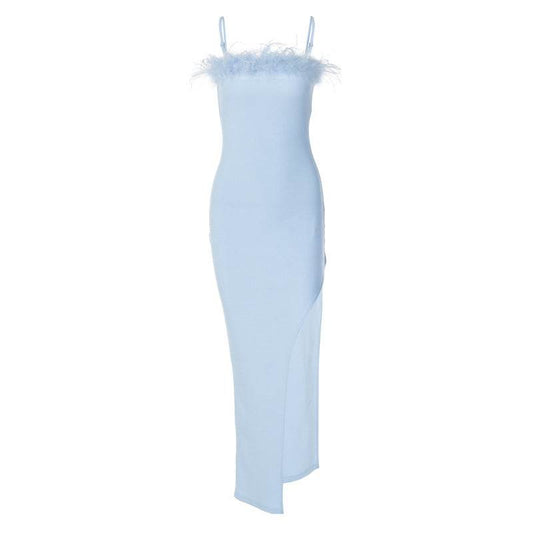 Women's New Fur Trim Slip Dress - Mubimart