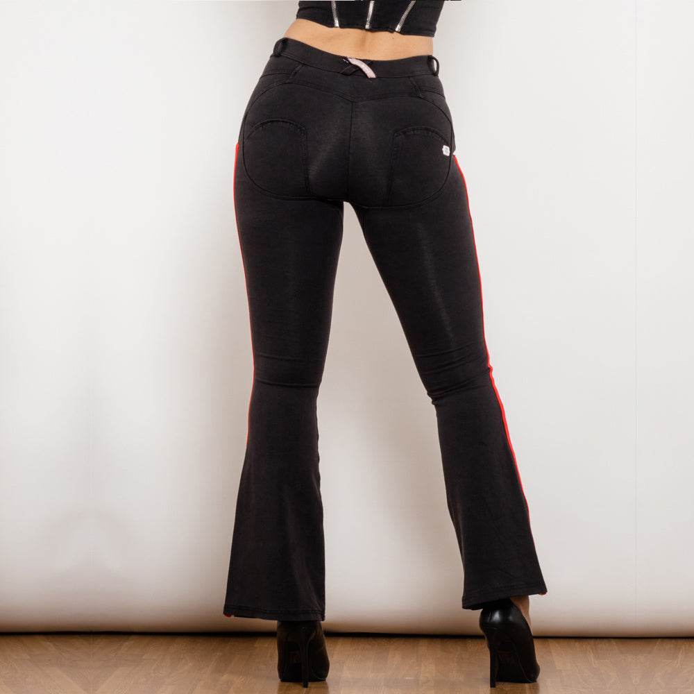 Shascullfites Melody Side Stripe Denim Flare Jeans Stretch Pants Slim Butt Lift Flare Pants Scrunch Bum Black Jeans - Mubimart