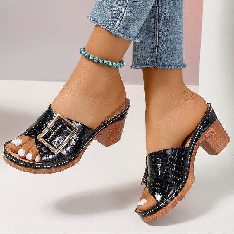 Fashion Crocodile-textured Buckle Sandals Square Chunky Heel Peep-toe Slides Slippers Women Shoes - Mubimart