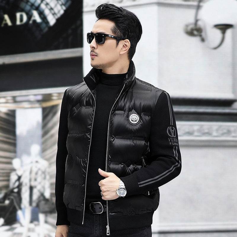 Down Jacket Men's Stand Collar Knitted Sleeve Casual Duck Down Coat - Mubimart