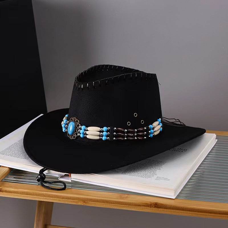 Western Cowboy Hat Men's And Women's Gem Chain Fedora Hat - Mubimart