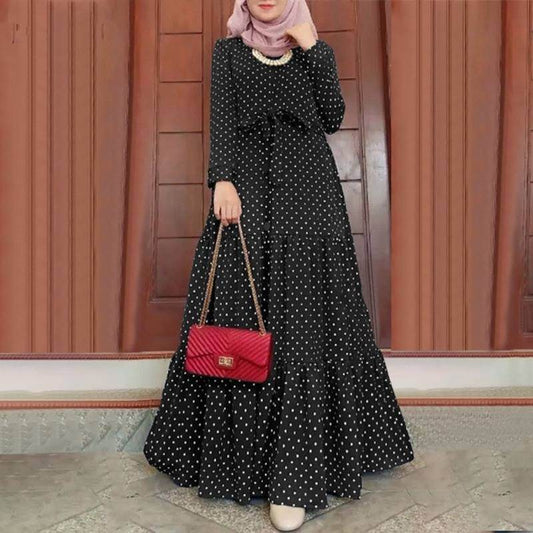 Women Polka Dot Long Sleeve Dress Stylish Belts Party Robe - Mubimart