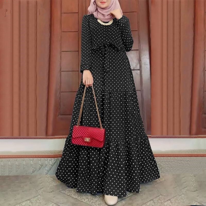 Women Polka Dot Long Sleeve Dress Stylish Belts Party Robe - Mubimart -  