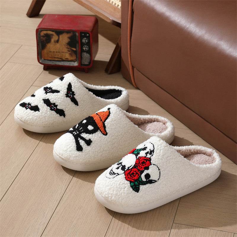Halloween Skull Rose Slippers Winter Warm Indoor Floor Bedroom Home Slipper For Women - Mubimart