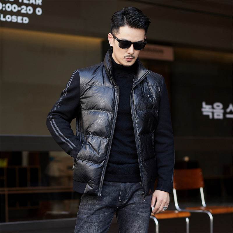 Down Jacket Men's Stand Collar Knitted Sleeve Casual Duck Down Coat - Mubimart