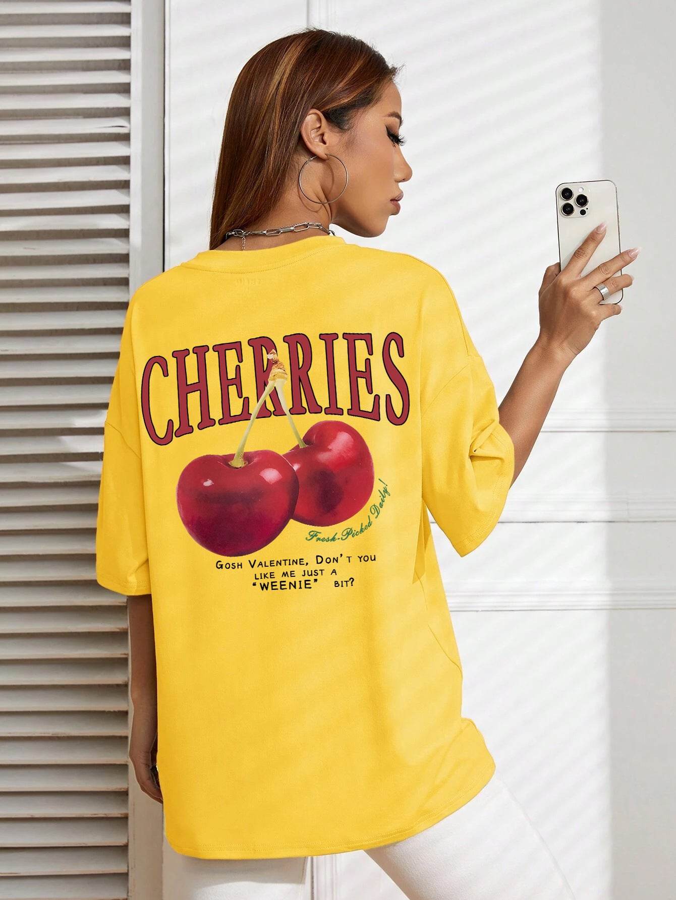 Cotton Women T-shirt Red Cherries Printed Tees Summer - Mubimart