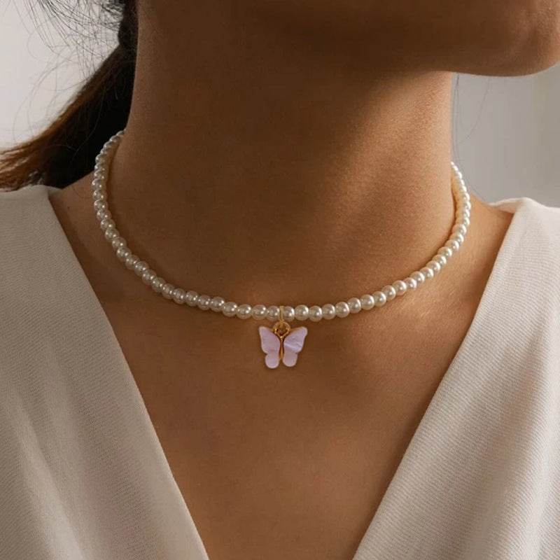 Elegant White Pearl Choker Necklace Small Round Pearl Wedding Butterfly Necklace For Women Charm Fashion Jewelry - Mubimart