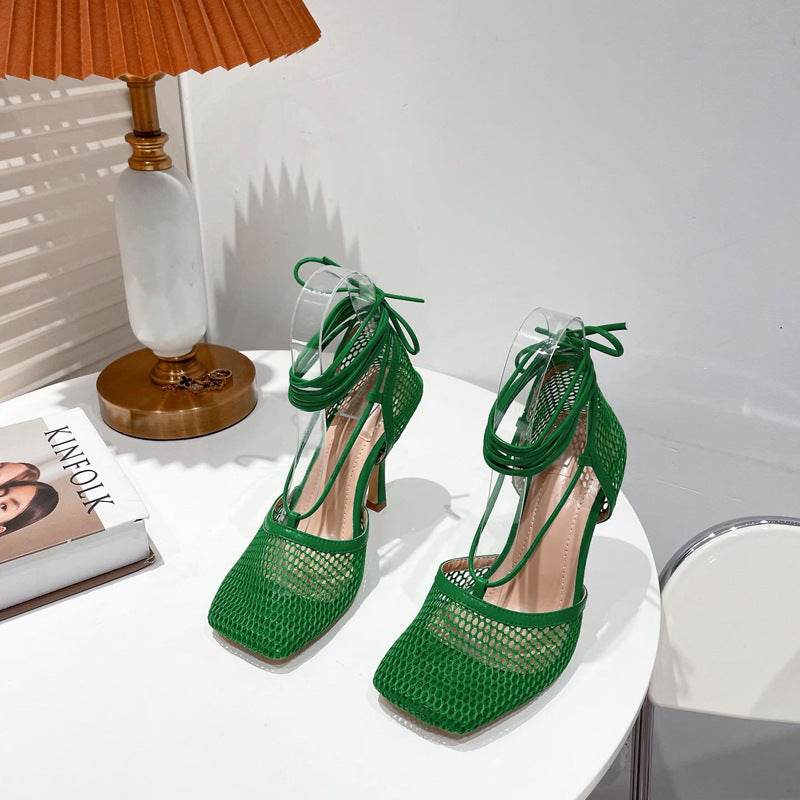 Women's Super High Heel Baotoe High Heels Square Toe Lace Up Shoes - Mubimart