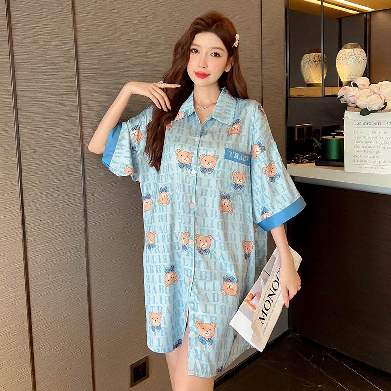 Striped Shirt Dress Short Sleeve Plus Size Loose Pajamas For Women - Mubimart