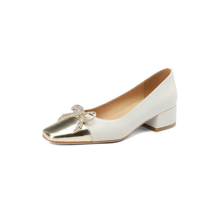 Bow Thick Heel Women's Black Work Shoes - Mubimart