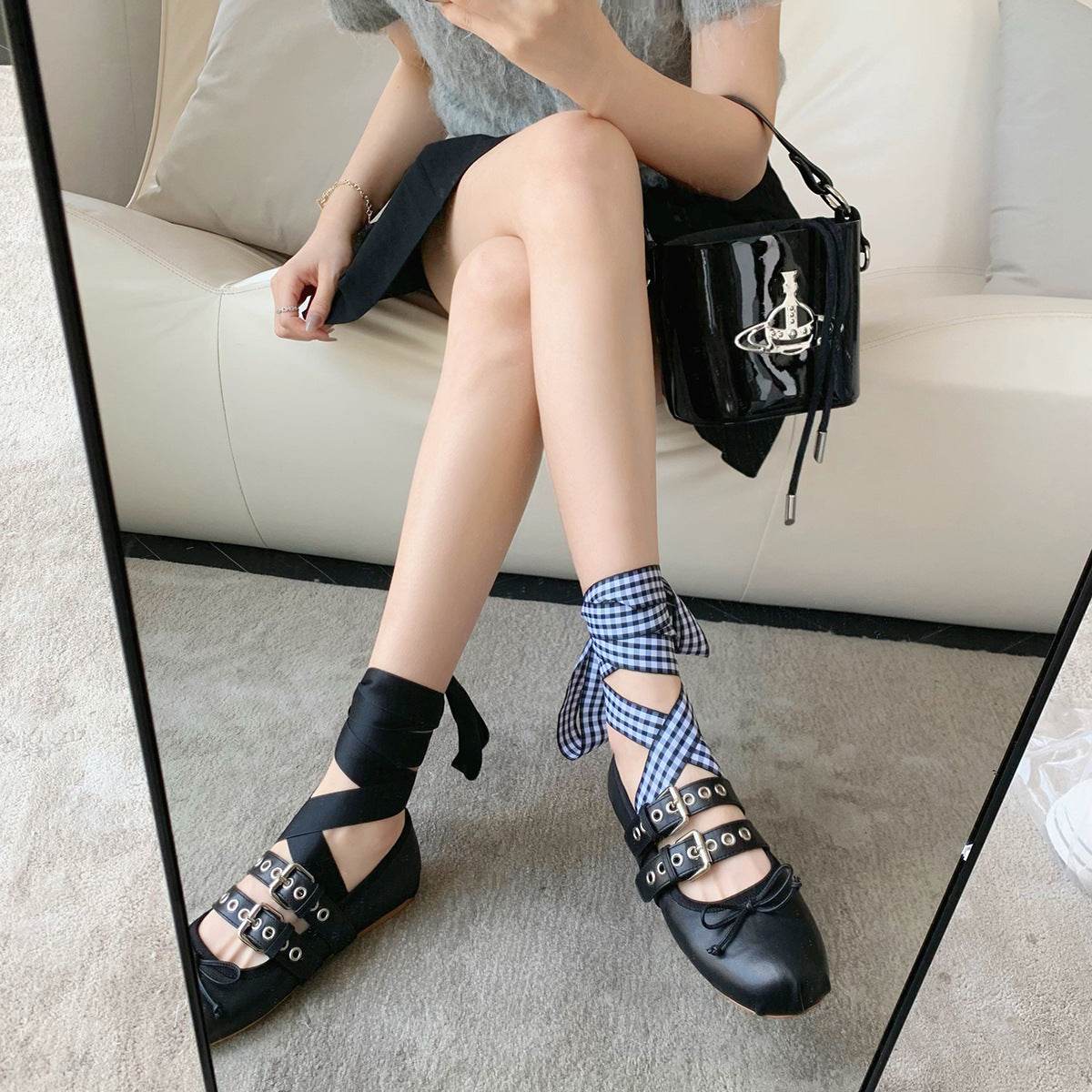 Leather Buckle Bow Round Toe Lace-up Ballet Flats - Mubimart