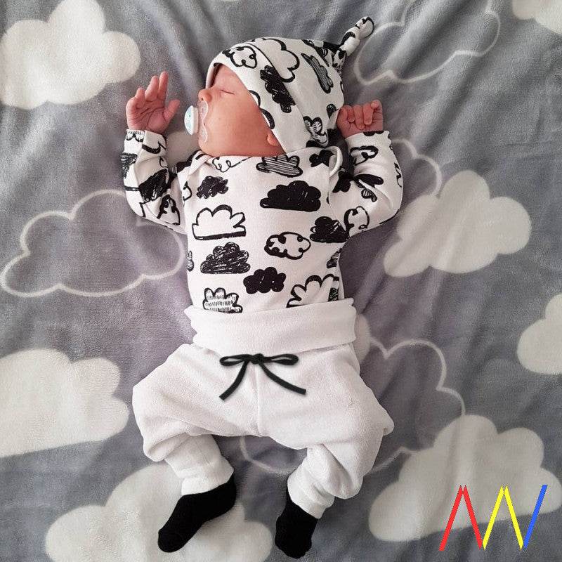 3 Pcs Newborn Baby Boy Clothes Set Cloud Boys Cotton White - Mubimart