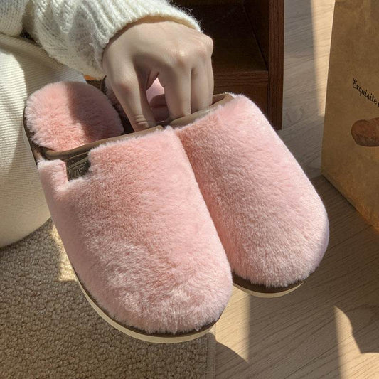 Winter Plush Slippers Warm Solid House Shoes Non-slip Bedroom Floor Home Slipper For Women Men - Mubimart