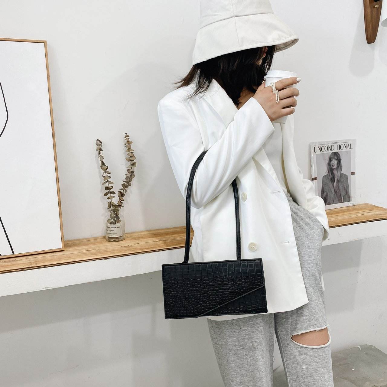 One shoulder messenger stone pattern small square bag - Mubimart