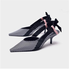 Boussac Stripe Kitten Heel Women Mules Pointed Toe Bowtie Women Sandals High Heels Summer Slip on Shoes Women SWC0112