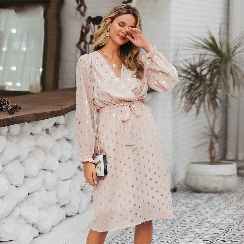 Lantern sleeve belt midi dress - Mubimart