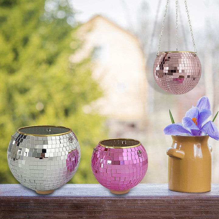 Cross-border Disco Ball Planter Hanging Mirror Spherical Plastic Flowerpot - Mubimart