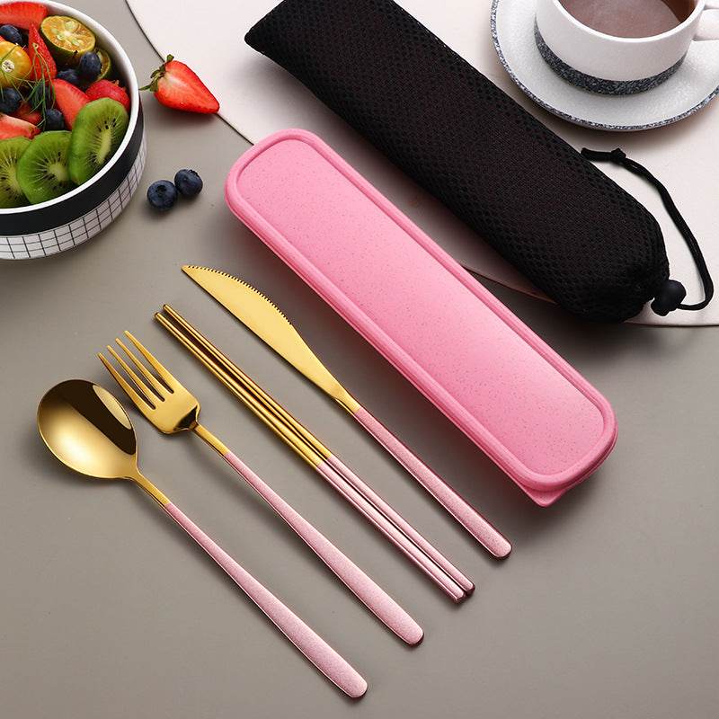 304 Dinnerware Set Flatware Kitchen Accessories Camping Travel Sets Gold Knife Fork Spoon Portable Cutlery Sets With Case - Mubimart