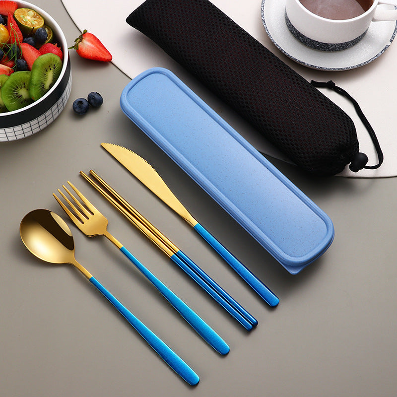 304 Dinnerware Set Flatware Kitchen Accessories Camping Travel Sets Gold Knife Fork Spoon Portable Cutlery Sets With Case - Mubimart -  