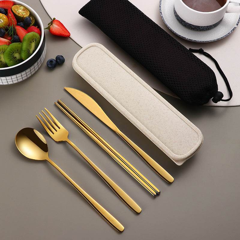 304 Dinnerware Set Flatware Kitchen Accessories Camping Travel Sets Gold Knife Fork Spoon Portable Cutlery Sets With Case - Mubimart