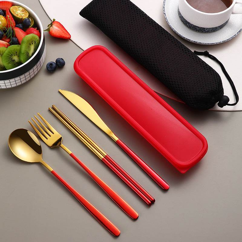304 Dinnerware Set Flatware Kitchen Accessories Camping Travel Sets Gold Knife Fork Spoon Portable Cutlery Sets With Case - Mubimart