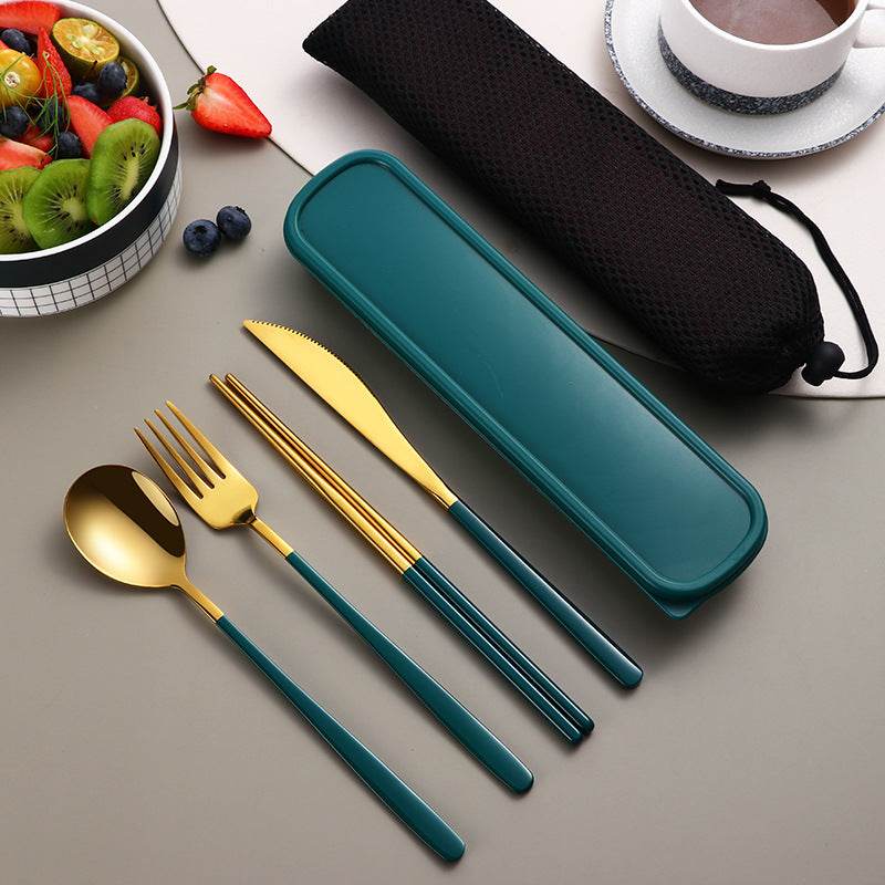 304 Dinnerware Set Flatware Kitchen Accessories Camping Travel Sets Gold Knife Fork Spoon Portable Cutlery Sets With Case - Mubimart
