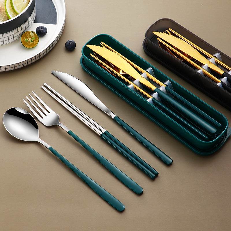 304 Dinnerware Set Flatware Kitchen Accessories Camping Travel Sets Gold Knife Fork Spoon Portable Cutlery Sets With Case - Mubimart