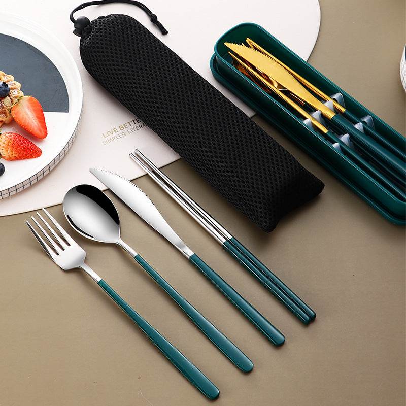 304 Dinnerware Set Flatware Kitchen Accessories Camping Travel Sets Gold Knife Fork Spoon Portable Cutlery Sets With Case - Mubimart