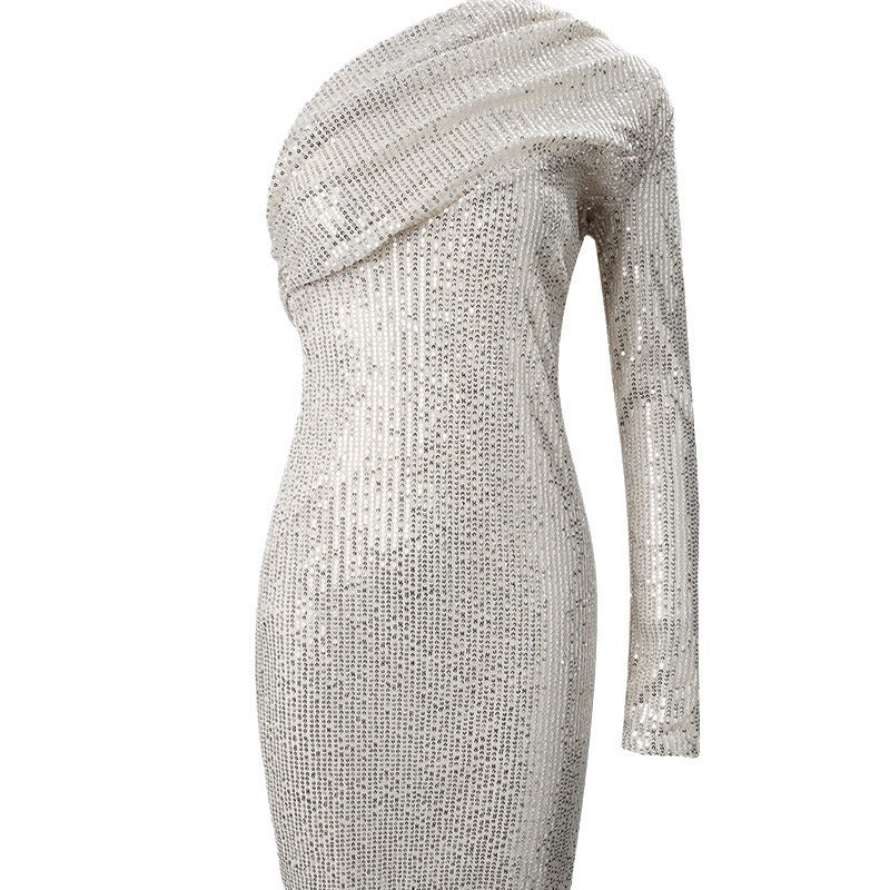 Silver One Shoulder Sequin Formal Dress - Mubimart -  